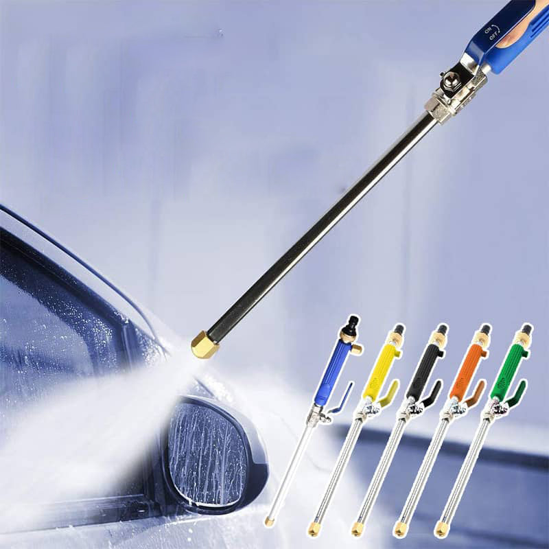 High-pressure electric water gun washer in use, spraying water for garden cleaning on a car."